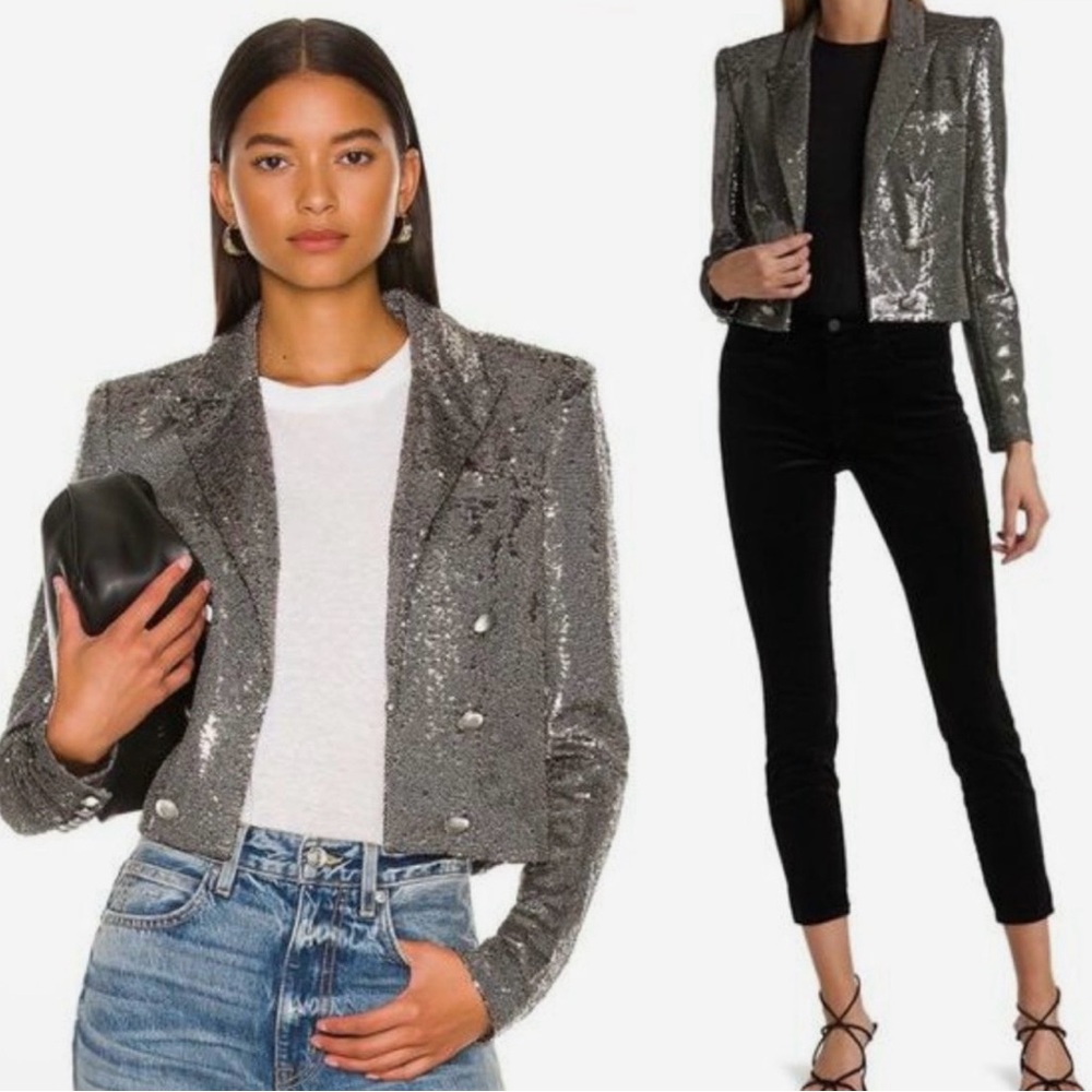 L'Agence Inez Silver Sequin Cropped Blazer NWOT